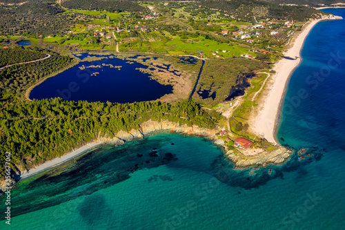 Aerial view of Armenistis beach on the Sithonia peninsula, in the Chalkidiki , Greece
