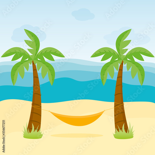 Hammock on the beach with palm trees by the sea. Tropical coast. Flat style vector illustration.