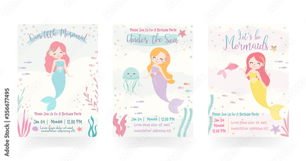Set of cute mermaid theme birthday party invitation card vector illustration. Set of cute mermaid theme birthday party invitation card vector illustration.