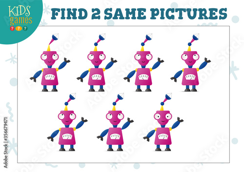 Find two same pictures kids puzzle vector illustration.