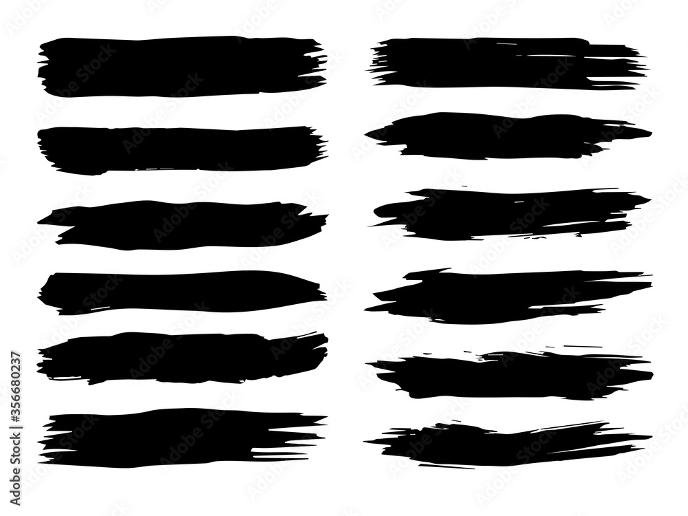 Collection of artistic grungy black paint hand made creative brush stroke set isolated on white background. A group of abstract grunge sketches for design education or graphic art decoration Collection of artistic grungy black paint hand made creative brush stroke set isolated on white background. A group of abstract grunge sketches for design education or graphic art decoration