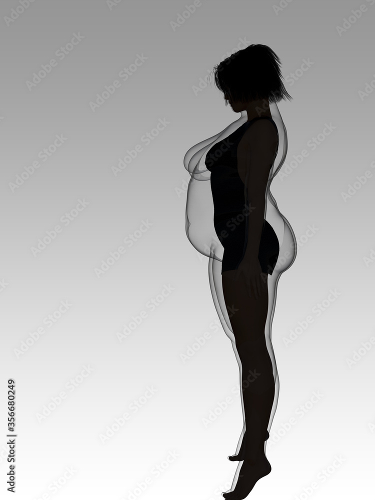 Conceptual fat overweight obese female vs slim fit healthy body after weight loss or diet with muscles thin young woman on gray. A fitness, nutrition or fatness obesity, health shape 3D illustration Conceptual fat overweight obese female vs slim fit healthy body after weight loss or diet with muscles thin young woman on gray. A fitness, nutrition or fatness obesity, health shape 3D illustration