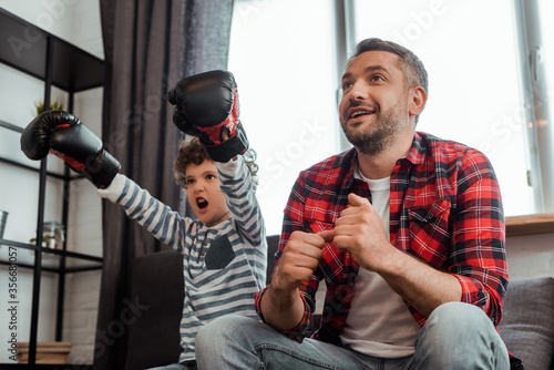 happy man watching championship near emotional son in boxing gloves