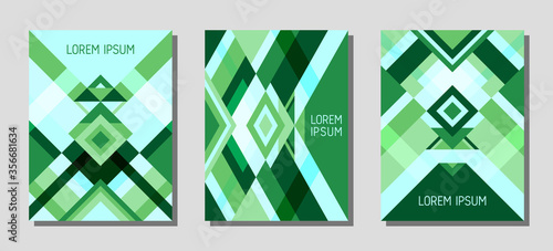 Cover page layout vector template, green geometric design with triangles and stripes pattern.