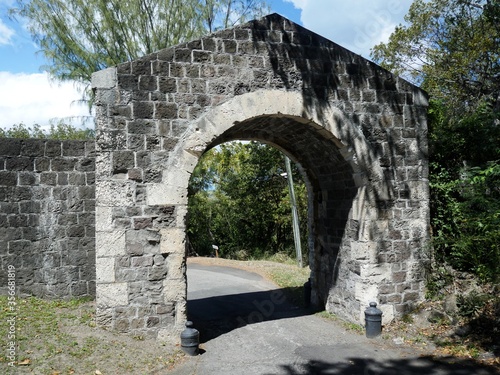 Close up of the brick arch gategoing up to the Brimstone Hill Fortress National Park at St. Kitts, West Indies