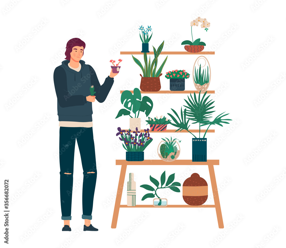People in home garden vector illustration. Cartoon flat man gardener character standing next to shelves with flower plants pot, holding houseplants in hands. Gardening hobby activity isolated on white People in home garden vector illustration. Cartoon flat man gardener character standing next to shelves with flower plants pot, holding houseplants in hands. Gardening hobby activity isolated on white