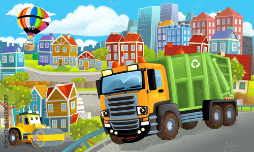 cartoon happy and funny scene of the middle of a city with dumper truck and with cars driving by - illustration © honeyflavour