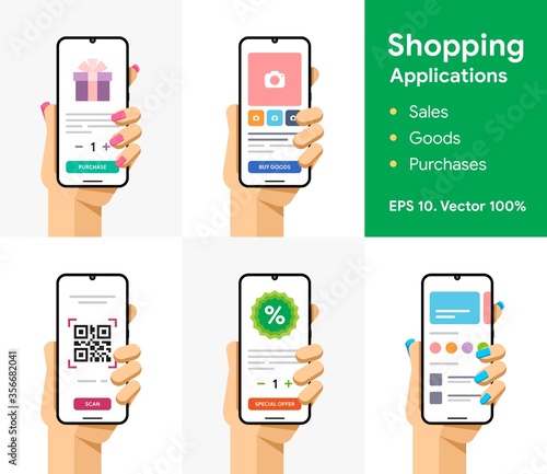 Online mobile shop, sale, goods, purchase, discount, qr code scanning. Shopping via smartphone. Phone in user hand. Commerce application. EPS 10