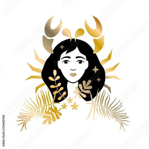 Crab to Cancer of zodiac and horoscope concept, vector art, illustration. Beautiful girl silhouette. Astrological sign as a beautiful women. Future telling, horoscope, alchemy, spirituality, occultism