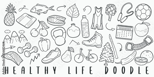 Healthy Life Doodle Line Art Illustration. Hand Drawn Vector Clip Art. Banner Set Logos.