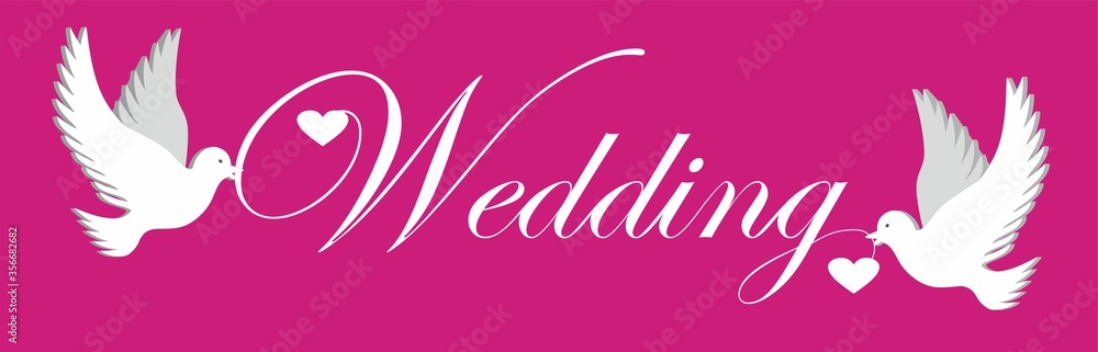 Text Wedding, cute design with pigeons and heart. Vector illustration. Text Wedding, cute design with pigeons and heart. Vector illustration.