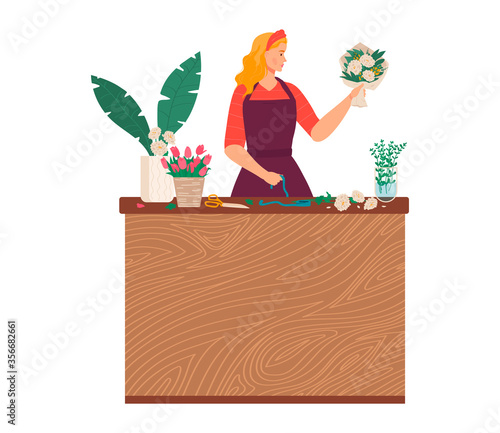 Floristry shop vector illustration. Cartoon flat beautiful young woman florist assistant standing at table, making bouquet of flowers and plants. Hand drawn floristics hobby activity isolated on white