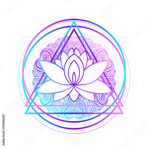 Lotus, Sacred Geometry. Ayurveda symbol, harmony, balance, universe. Tattoo flesh design, yoga logo. Boho print, poster, t-shirt textile. Anti stress book. Isolated vector illustration