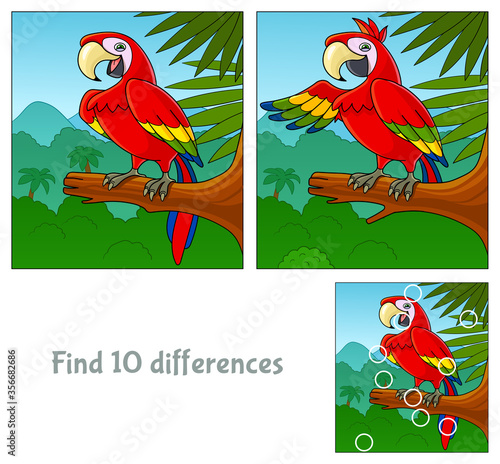 Cartoon funny parrot. Find 10 differences. Educational game for children. Cartoon vector illustration.