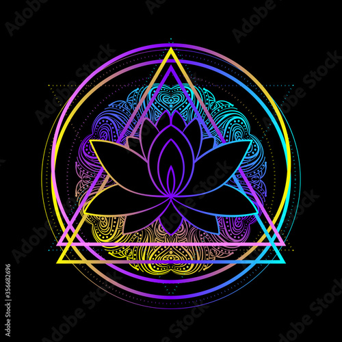 Lotus, Sacred Geometry. Ayurveda symbol, harmony, balance, universe. Tattoo flesh design, yoga logo. Boho print, poster, t-shirt textile. Anti stress book. Isolated vector illustration