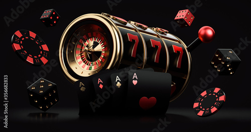Black Red And Golden Slot Machine With Roulette Wheel Inside, Chips, Dices And Playing Cards, Isolated On The Black Background. Casino Modern Concept - 3D Illustration  photo