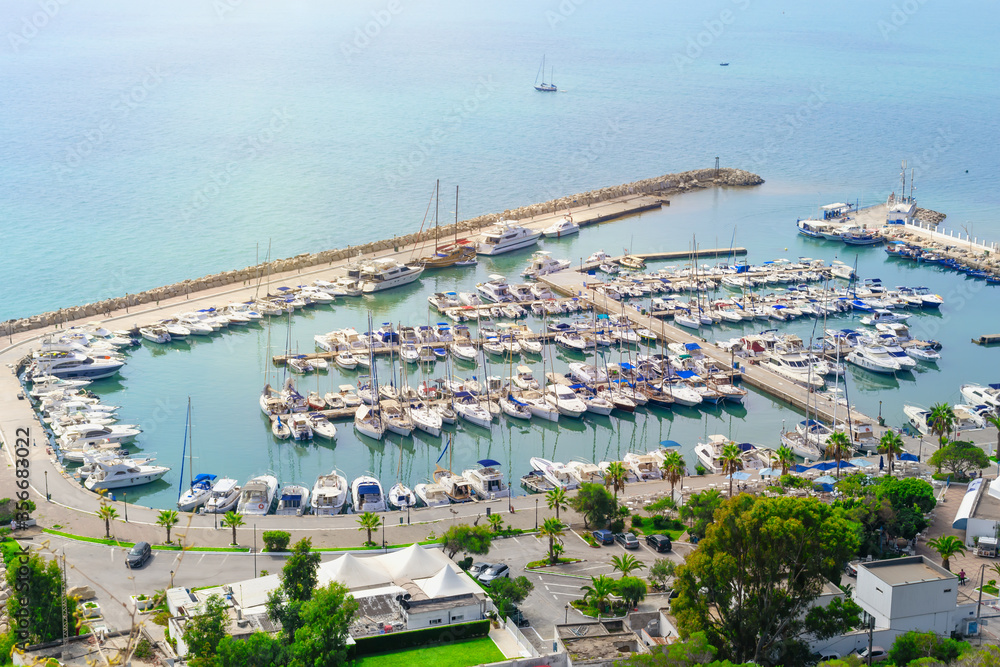 Marina with boats and yachts. View from above