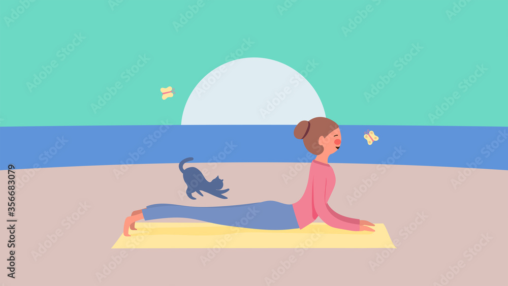 relax concept, cute girl character are yoga on beach with butterfly and cat near, soft pastel color, vector illustration for graphic design,website or background,pink cheek,rosy cheek