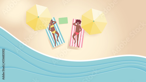 Relax concept,top view beach background with beach chairs,umbrellas and sea,People lying on the beach,soft pastel color, aerial view of summer beach, paper cut and craft style,vector illustration