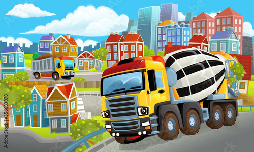 cartoon happy and funny scene of the middle of a city with concrete mixer and with cars driving by - illustration © honeyflavour