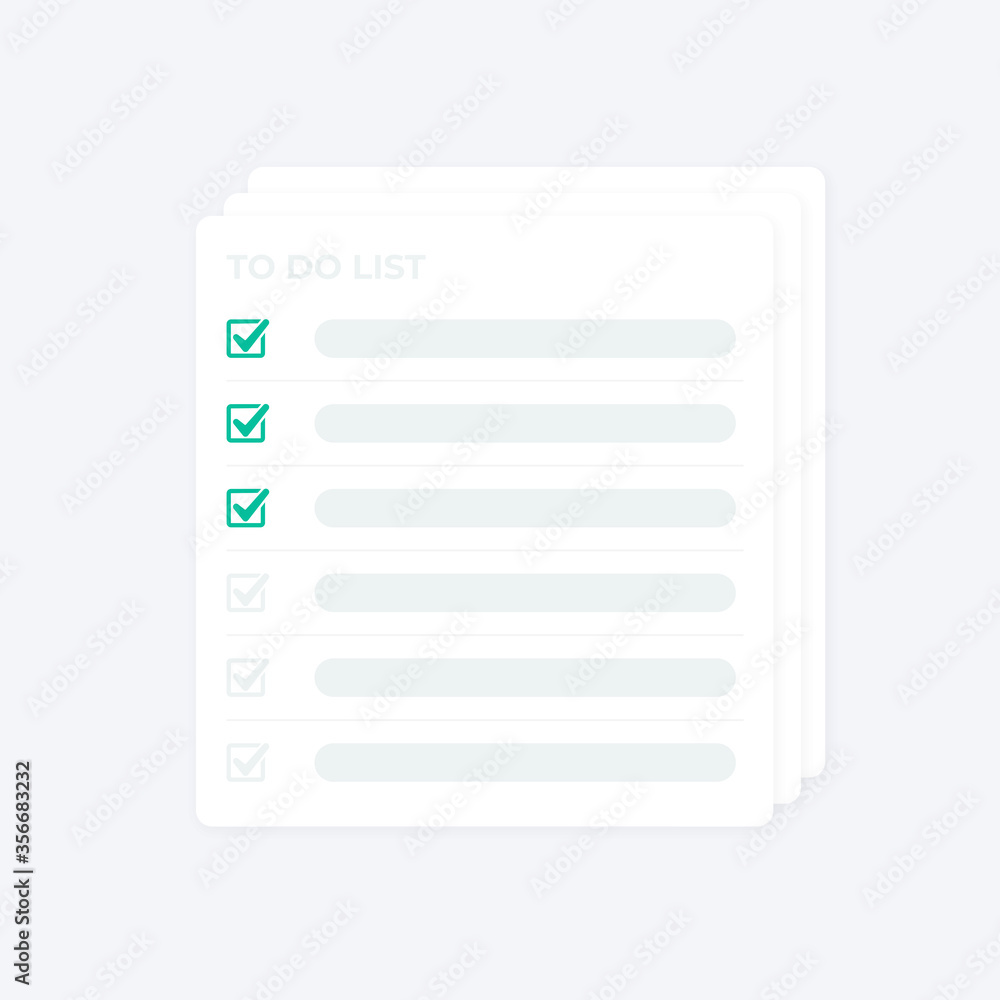 To do list or planning icon concept. All tasks are completed. Paper sheets with check marks, abstract text. To do list or planning icon concept. All tasks are completed. Paper sheets with check marks, abstract text.