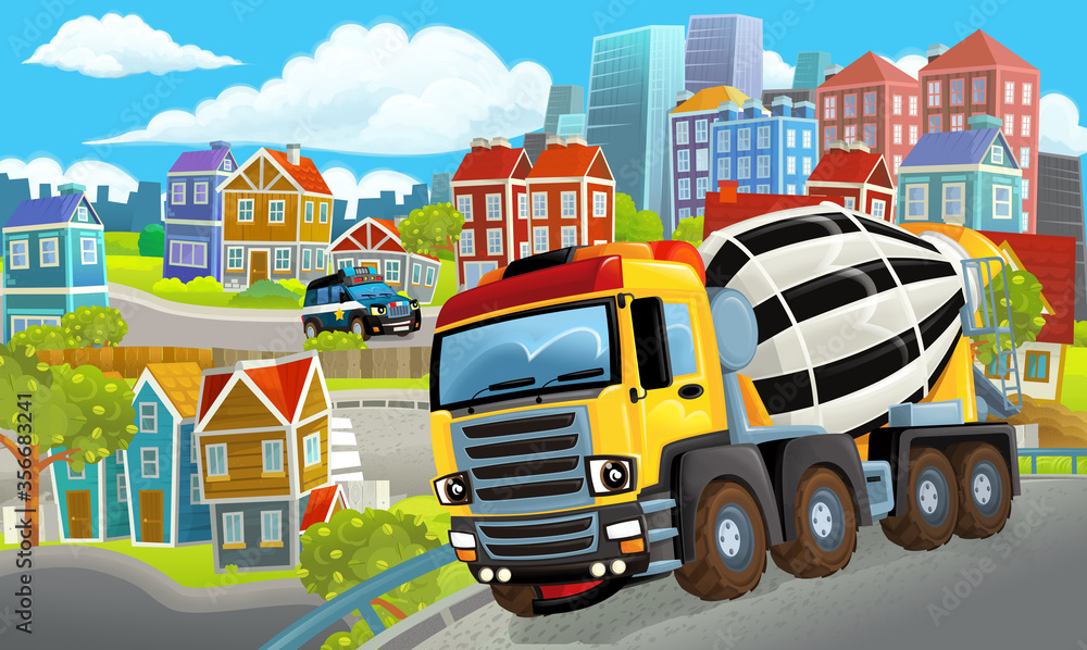 cartoon happy and funny scene of the middle of a city with concrete mixer and with cars driving by - illustration