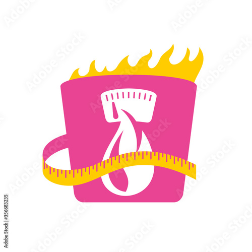 kcal icon (calories burning sign) combination of flame (fats), weight scales and measurement tape - isolated vector emblem for healthy food, fitness or diet program 