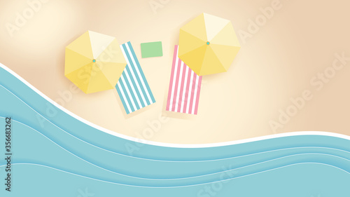 Relax concept,top view beach background with beach chairs,umbrellas and sea, soft pastel color, aerial view of summer beach, paper cut and craft style,  vector illustration for graphic design