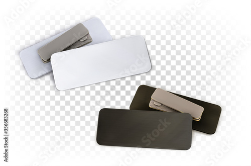 Vector realistic badge, mock up, template for identification. A plate for identifying a name, company, logo. Blank business template in white and black color isolated on a white background.