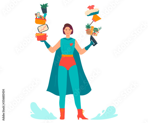 Super mom vector illustration. Cartoon flat beautiful young mother in superhero costume makes multitask home work, active busy mommy character cooking, shopping or cleaning house isolated on white