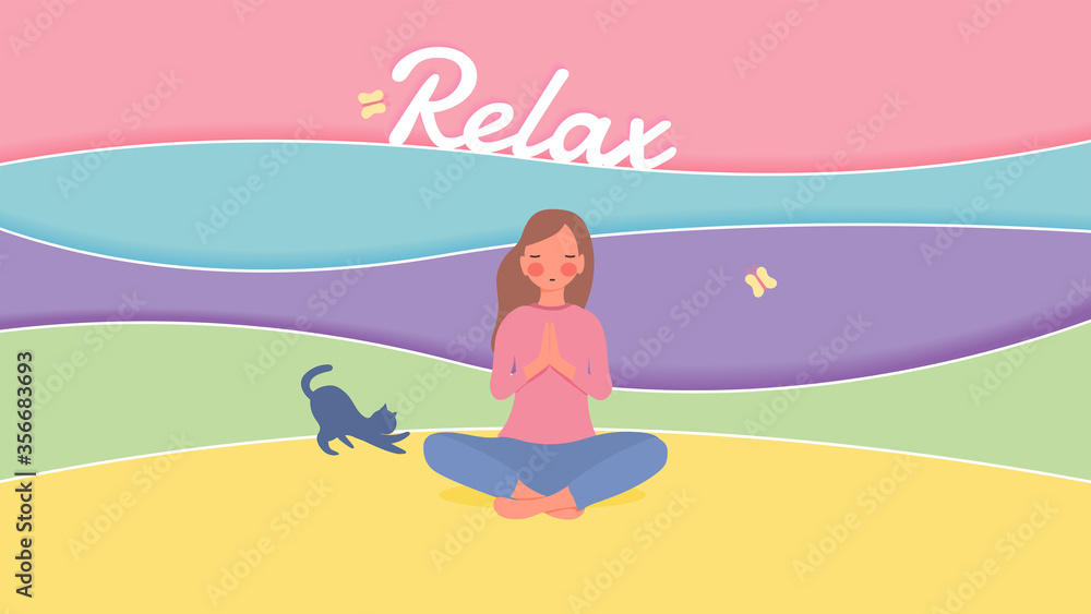 relax color concept, cute girl character are meditate on abstract beach background, relax lettering, soft pastel color, pink/rosy cheek, vector illustration for graphic design, website ,banner, poster
