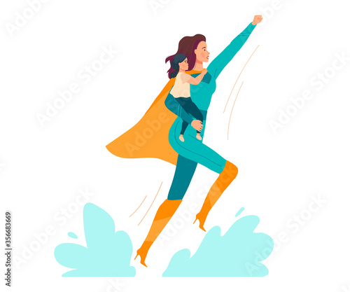 Super mom vector illustration. Cartoon flat beautiful young mother in superhero costume holding baby child in hands, mommy character flying, strong superwoman isolated on white