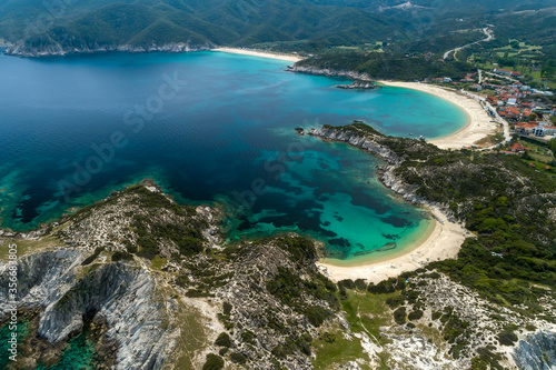 Aerial view of Kalamitsi beach on the Sithonia peninsula, in the Chalkidiki , Greece