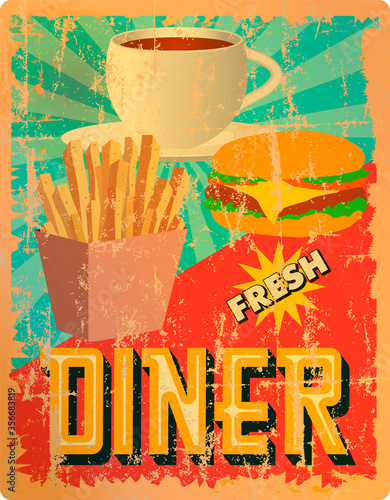 grungy vintage american diner sign, retro style, vector illustration