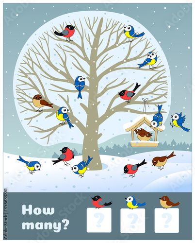 Count how many birds . Educational counting game for preschool children. Cartoon vector illustration. Mathematics.