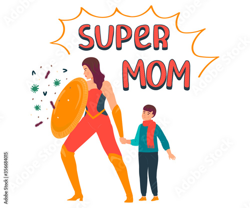 Super mom vector illustration. Cartoon flat mother character in superhero costume with shield protecting child son from bacteria, virus, coronavirus, protection of strong superwoman isolated on white