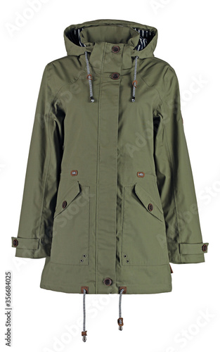 Women's winter parka jacket in military style.  Isolated image on a white background.