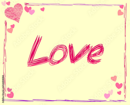 Abstract handwritten vector font lettering - LOVE on a light pink background. Multicolored linear frame with hearts for designing trendy cards, congratulations, invitations, notebooks, books, websites