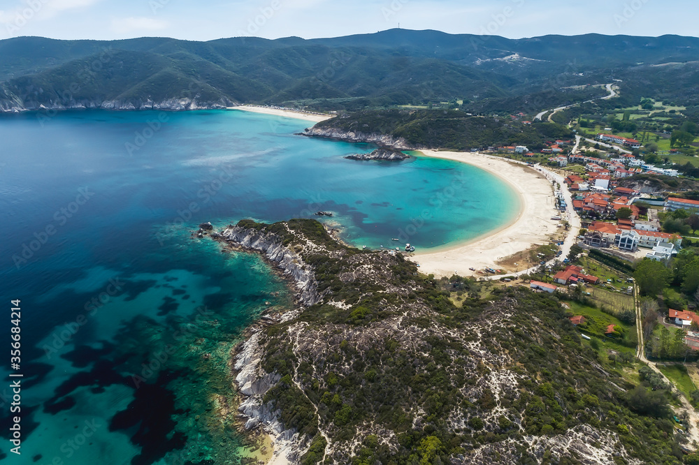 Aerial view of Kalamitsi beach on the Sithonia peninsula, in the Chalkidiki , Greece