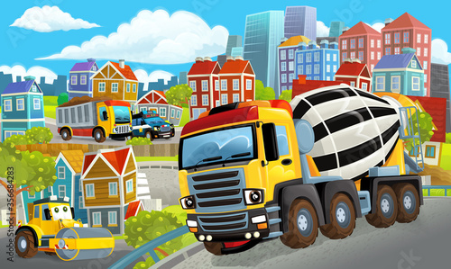 Fototapeta Naklejka Na Ścianę i Meble -  cartoon happy and funny scene of the middle of a city with concrete mixer and with cars driving by - illustration