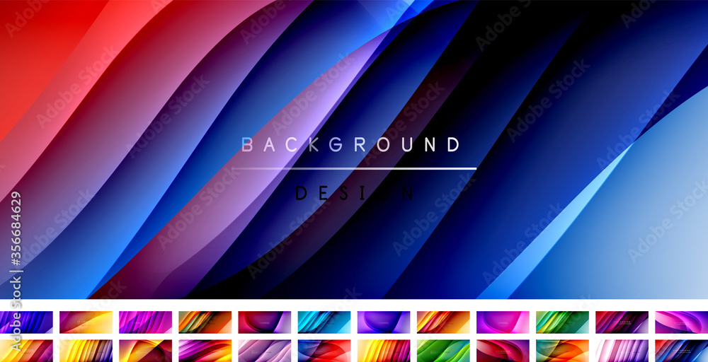 Fluid gradient waves with shadow lines, modern flowing motion abstract background set