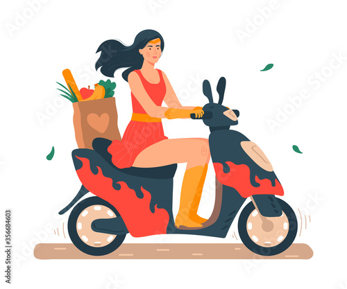 Super mom vector illustration. Cartoon flat beautiful young mother in superhero costume riding motorbike or scooter, active busy mommy character going out of shop with purchases isolated on white