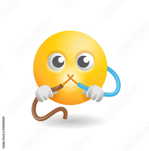 Funny electrician icon - 3D character connects two electric ACDC wires - isolated vector illustration