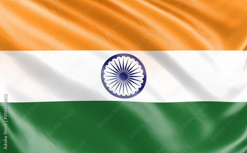 Naklejka premium Banner. Realistic flag. India flag blowing in the wind. Background silk texture. 3d illustration.