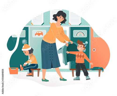 Kindergarten vector illustration. Cartoon flat kindergarten teacher woman character helping smiling child to wear clothes for walk activity, preschool education for kids icon isolated on white