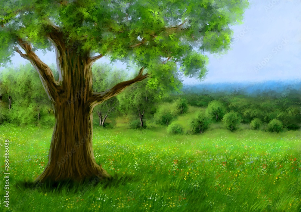 Fototapeta premium Digital oil paintings landscape, green tree in the forest. Fine art.