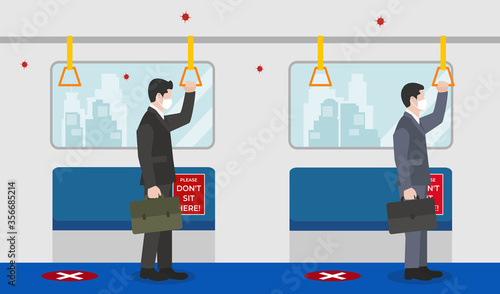 Vector illustration of business people Go to work on the train, keep physical distancing and wearing protective medical mask for prevent virus in public transportation on a New Normal day