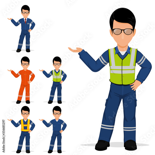 Set of industrial worker is presenting something