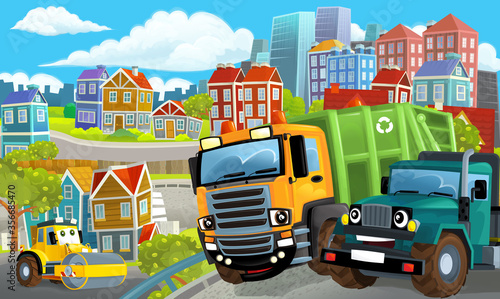 cartoon happy and funny scene of the middle of a city with dumper truck and with cars driving by - illustration © honeyflavour
