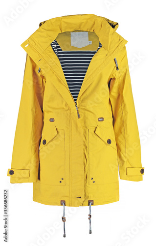 Women's yellow parka jacket with hood.  Isolated image on a white background. photo